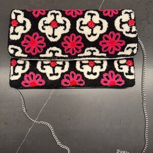 Stylish Black Floral Beaded Clutch with Chain Strap